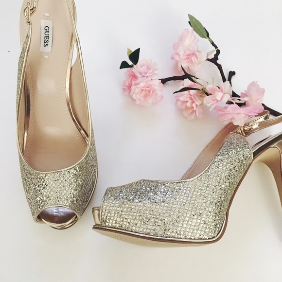 Guess Gold Peep Toe Slingback Heel NWOB - Picture 2 of 8